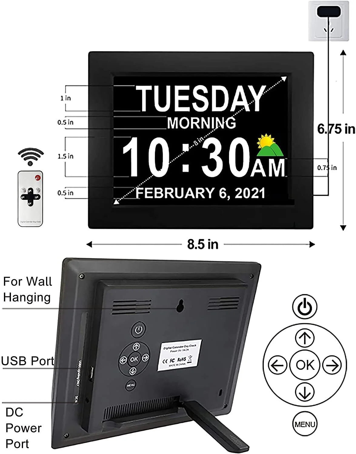 8” Digital Calendar, Clock with Day and Date