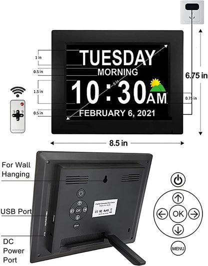 8” Digital Calendar, Clock with Day and Date