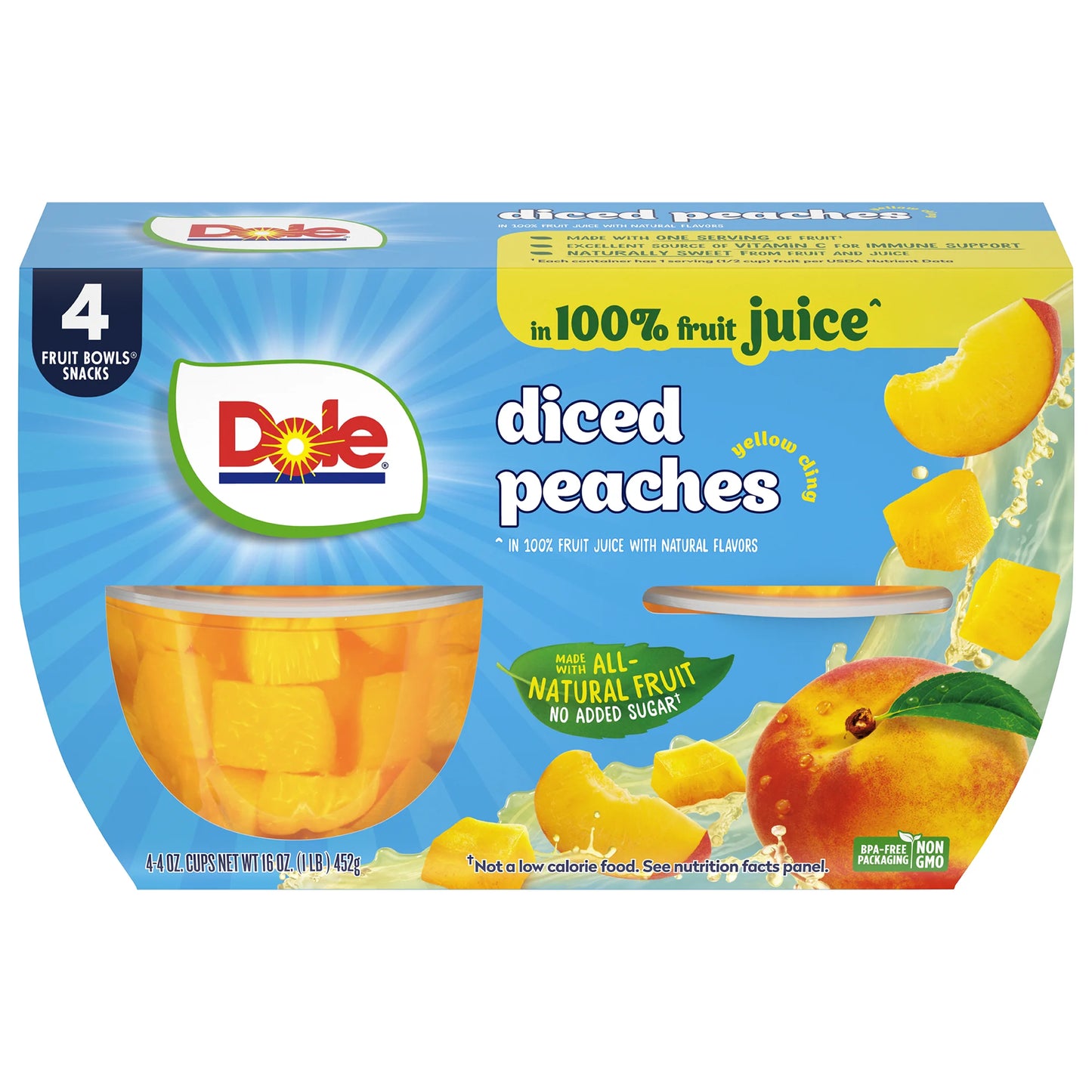 Dole Fruit Bowls Diced Peaches, 4 oz Cups (4 Pack)