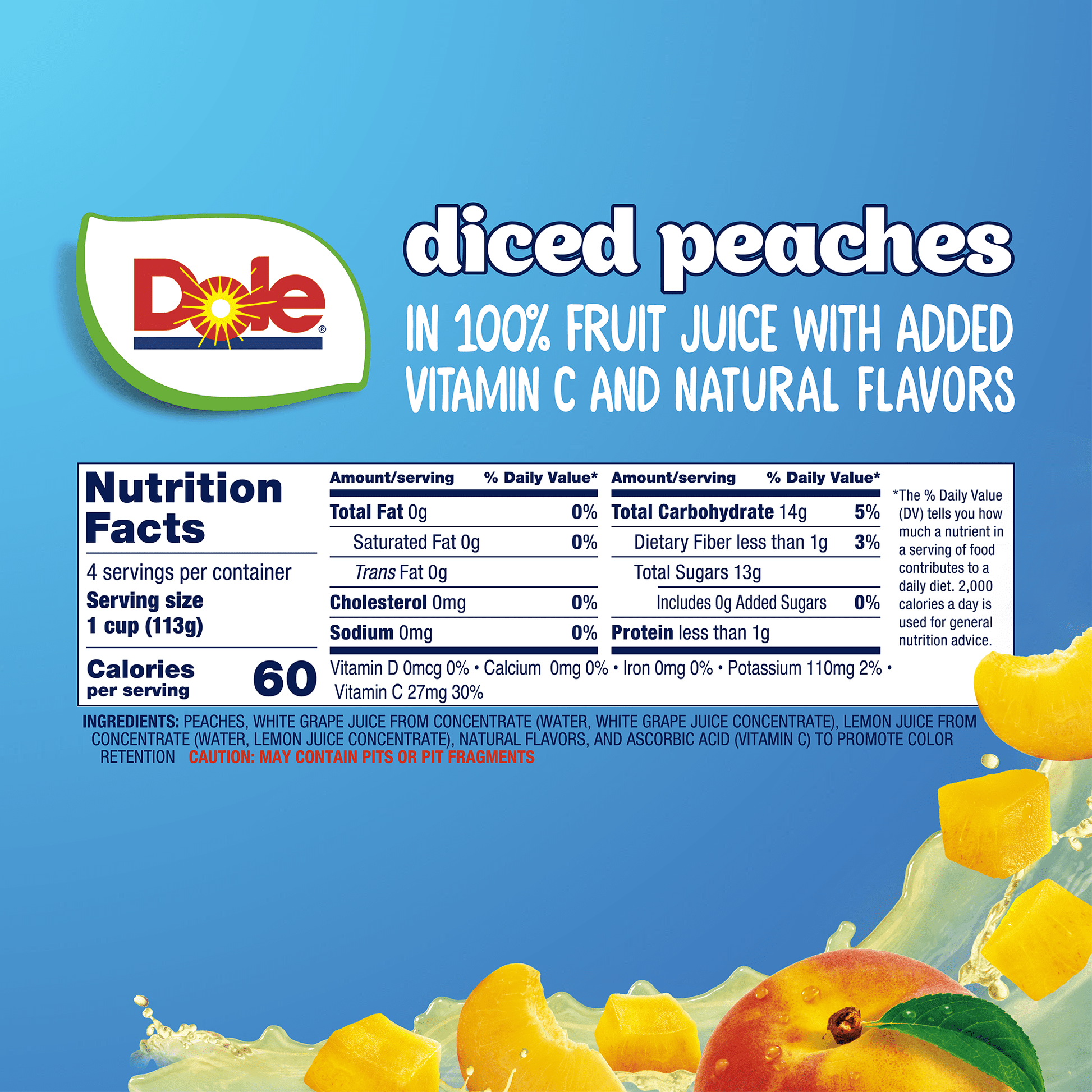 Dole Fruit Bowls Diced Peaches, 4 oz Cups (4 Pack)