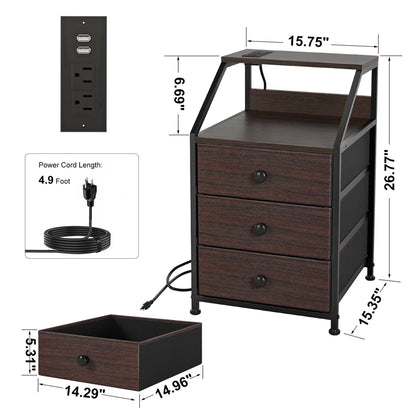 Nightstand with 3 Drawers & 2 USB Ports