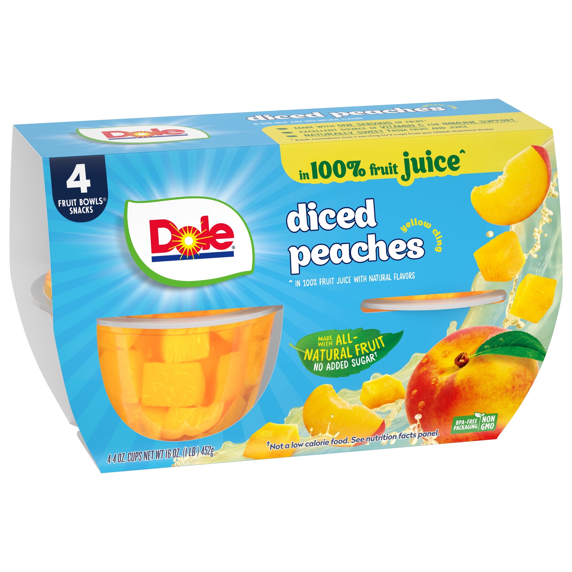 Dole Fruit Bowls Diced Peaches, 4 oz Cups (4 Pack)