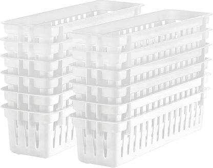 12 Pack White Slim Plastic Storage Baskets