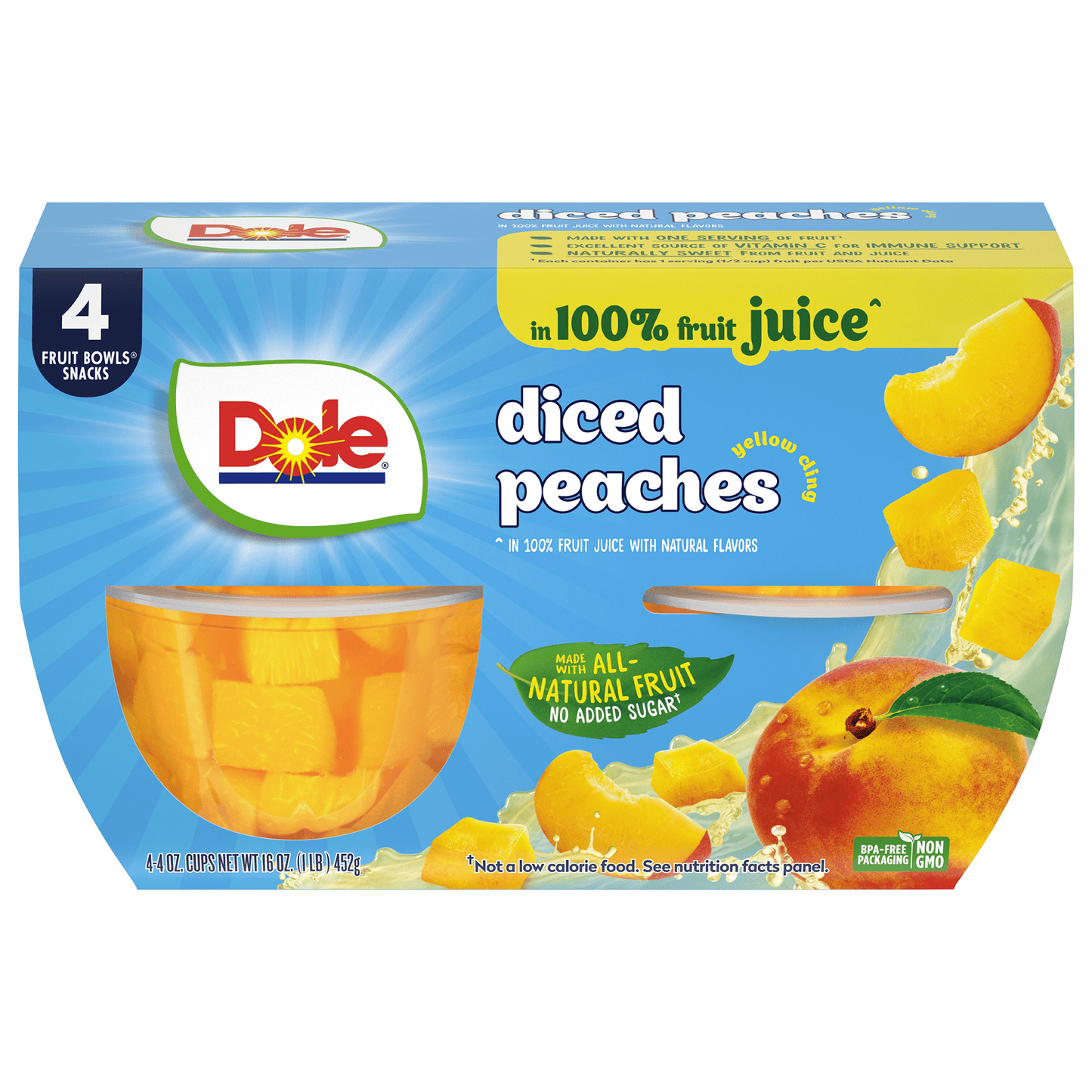 Dole Fruit Bowls Diced Peaches, 4 oz Cups (4 Pack)