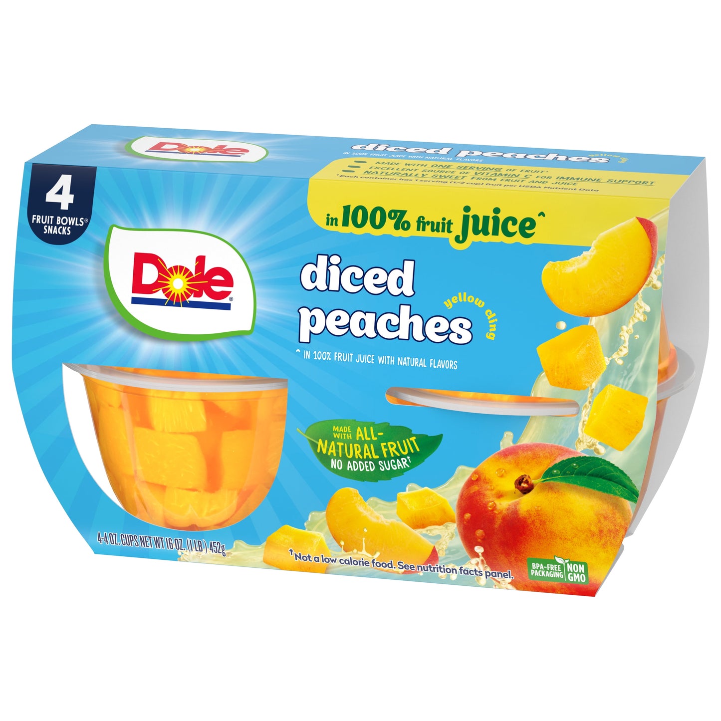 Dole Fruit Bowls Diced Peaches, 4 oz Cups (4 Pack)