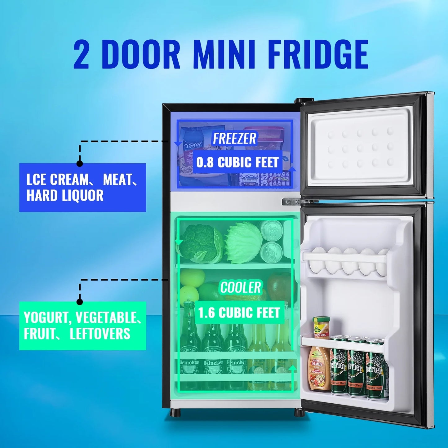 Tacool 2.4 Cu.ft Mini Fridge with Freezer, Apartment Size Fridge, Silver, New