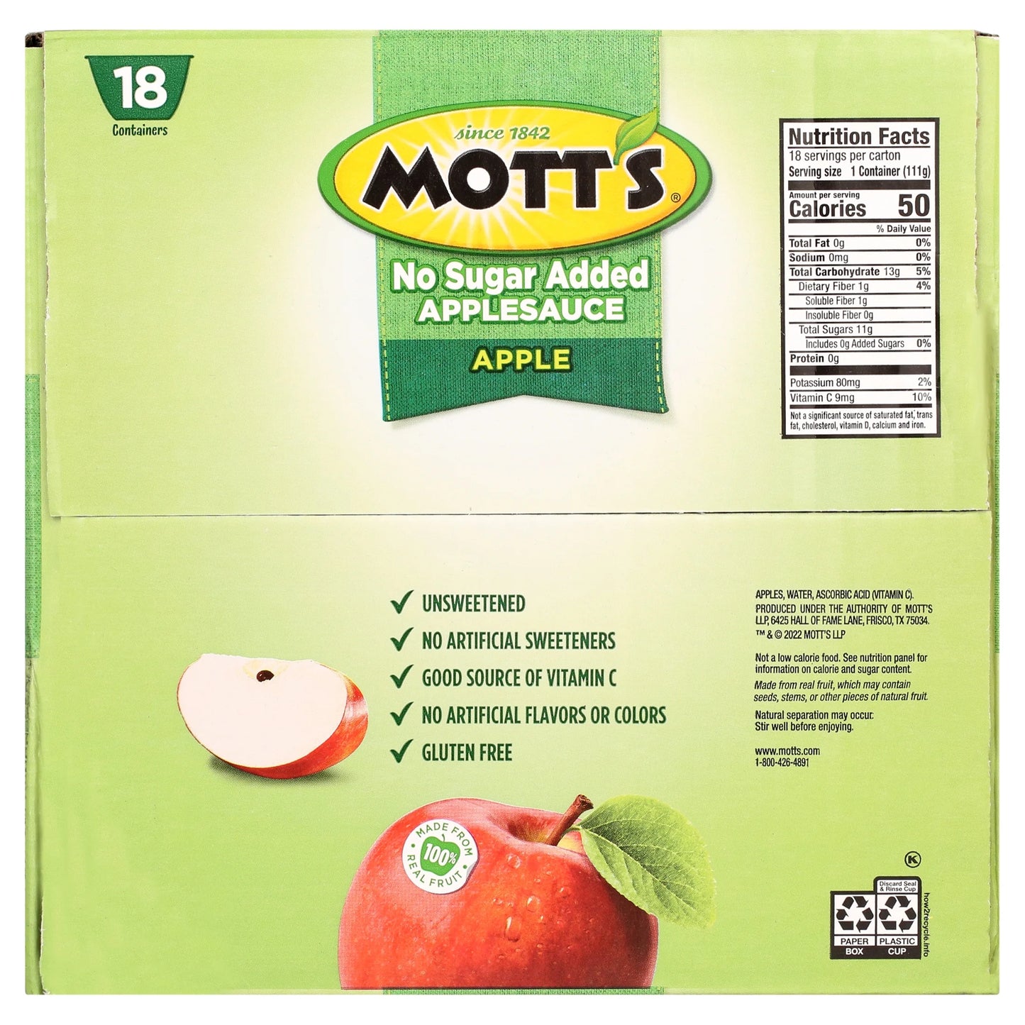 Mott's No Sugar Added Applesauce, 18 Count